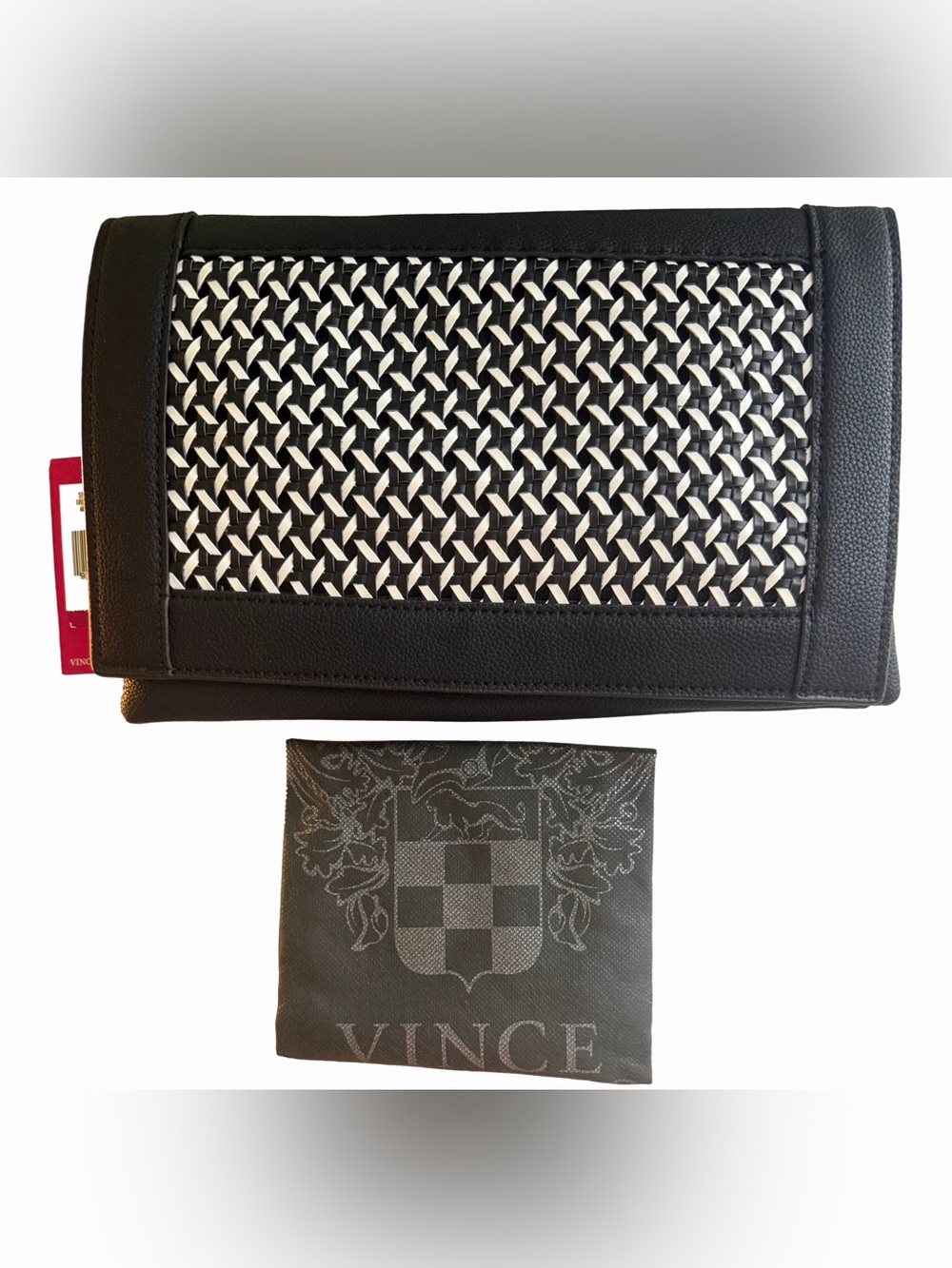 Vince Camuto Indra Woven Geometric Leather Clutch in Black and White